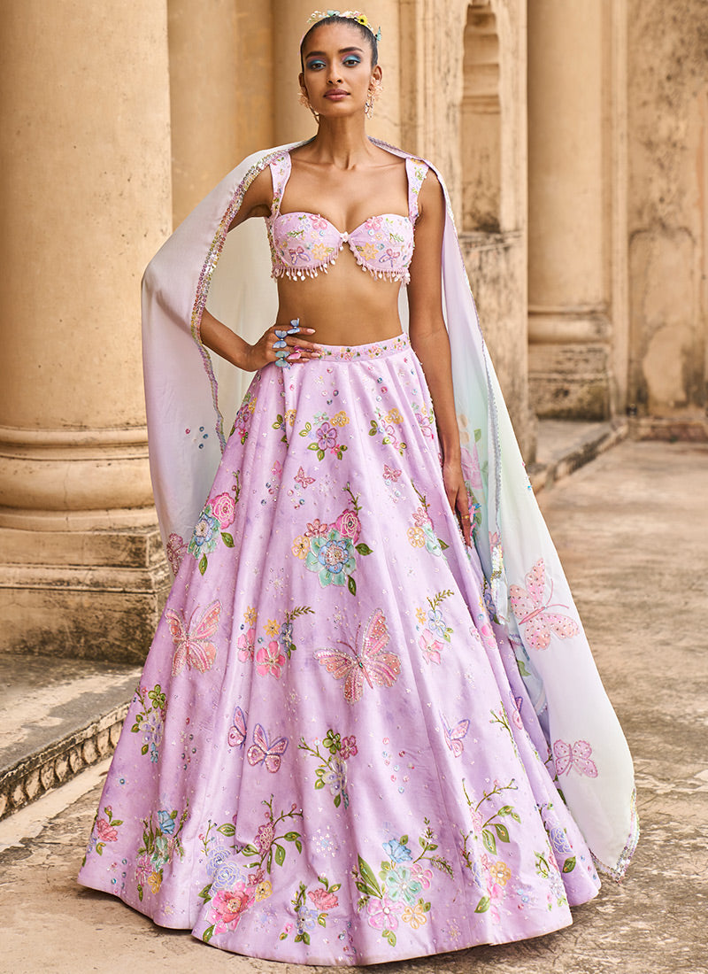 Light Purple Embellished Velvet Lehenga