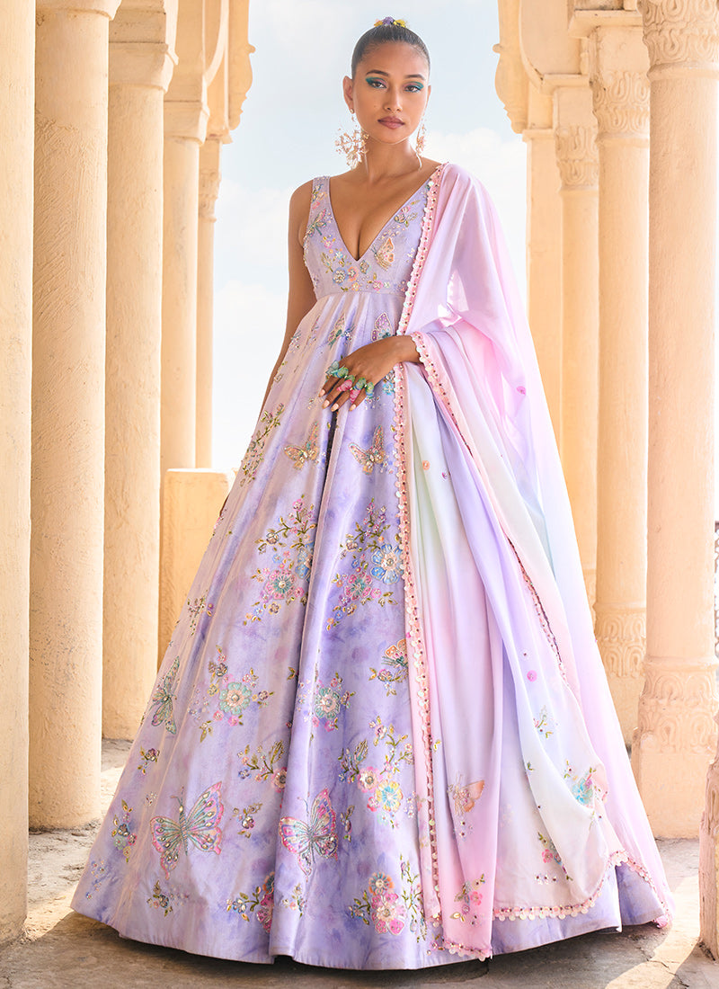 Periwinkle Embellished Velvet Anarkali Gown