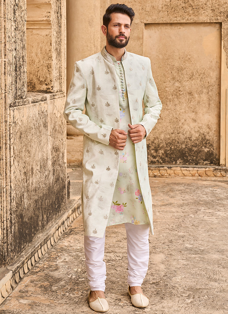 Light Green Hand Embroidered Velvet Jodhpuri Set