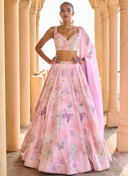 Peachy Pink Embellished Velvet Lehenga