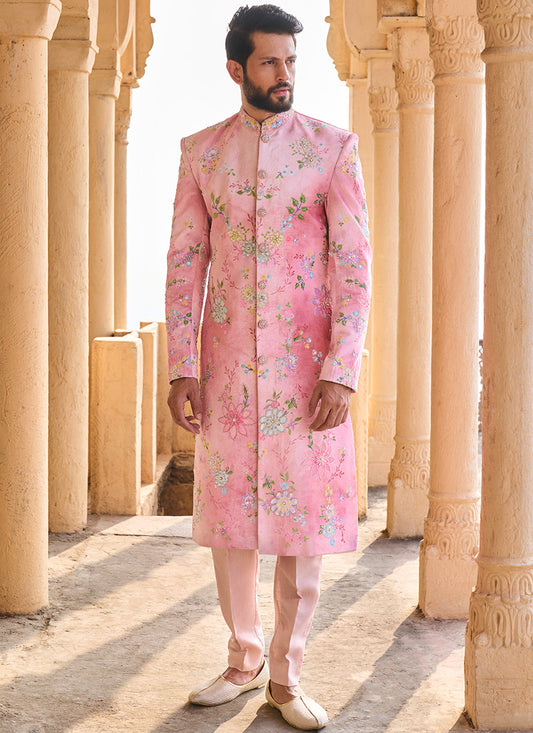 Peachy Pink Hand Embroidered Velvet Sherwani