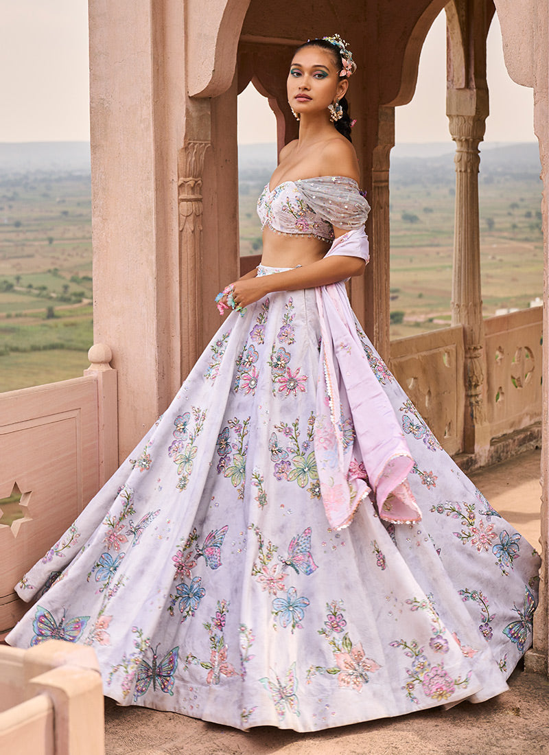 Light Grey Off Shoulder Embellished Velvet Lehenga