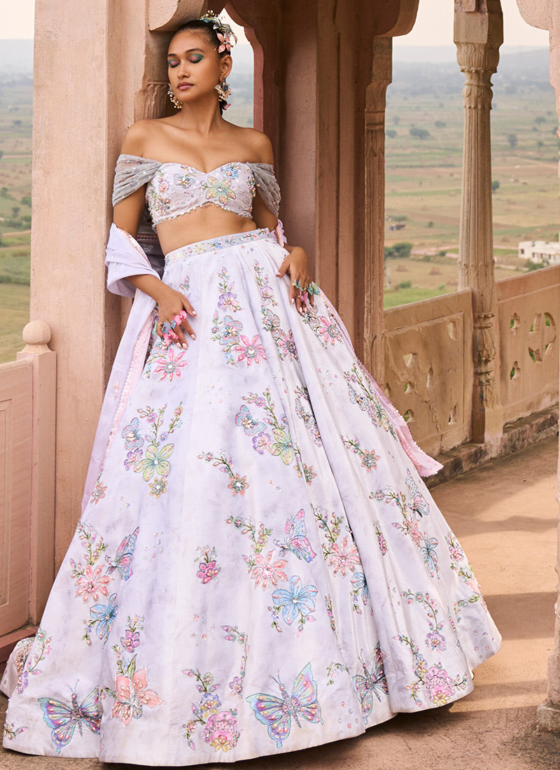 Light Grey Off Shoulder Embellished Velvet Lehenga