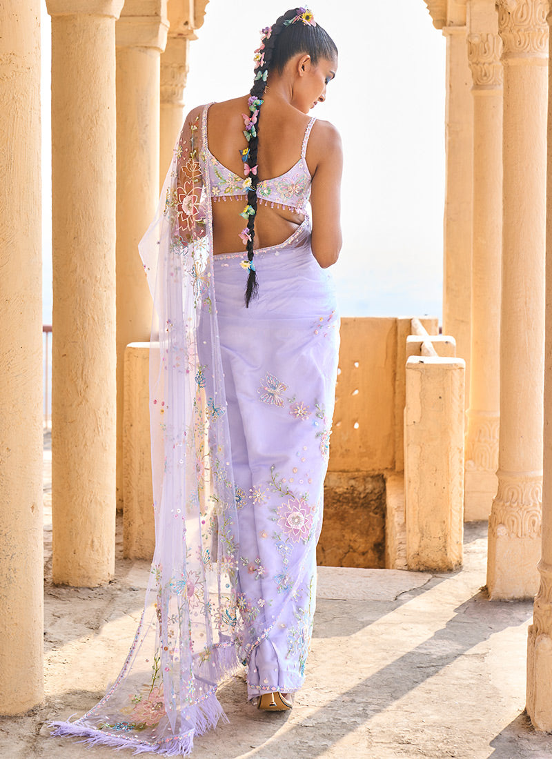 Periwinkle Embellished Net Saree