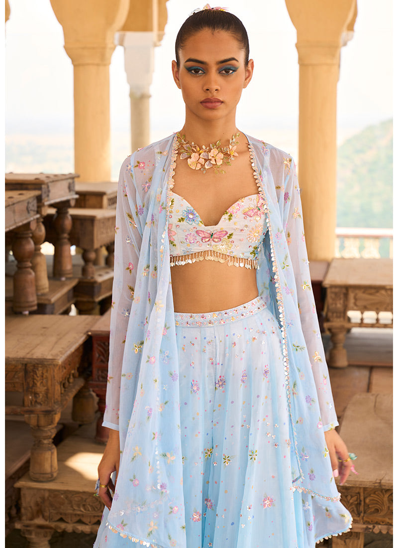 Light Blue Embellished Net Crop Jacket Set