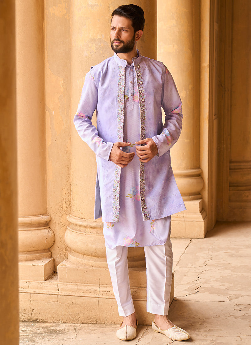 Periwinkle Velvet Embroidered Jacket With Kurta Set