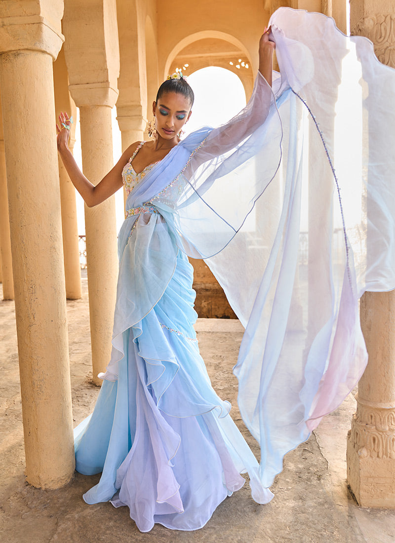 Off-White Satin Chiffon Draped Saree Gown Design by Mala and Kinnary at  Pernia's Pop Up Shop 2024