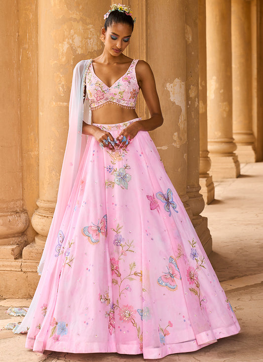 Light Pink Embellished Chiffon Lehenga