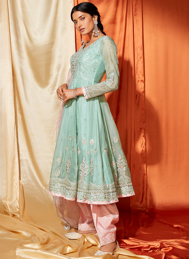 Mint and Pink Anarkali Style Punjabi Suit
