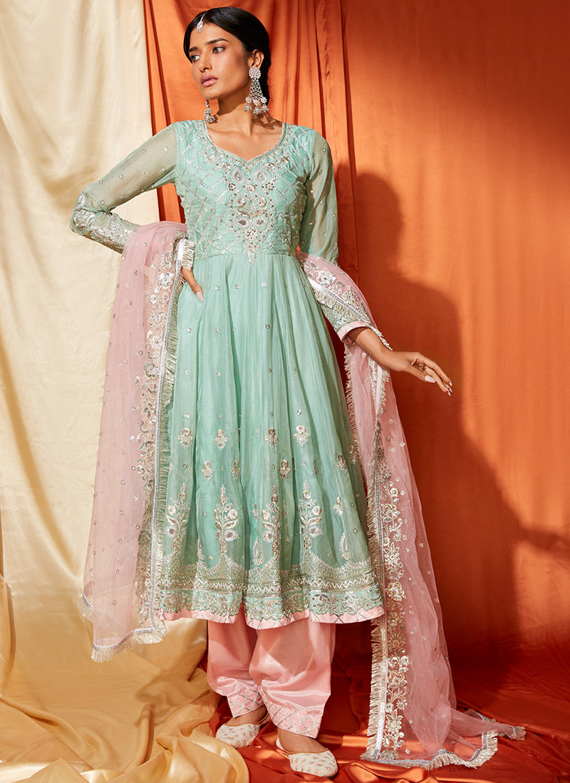 Mint and Pink Anarkali Style Punjabi Suit