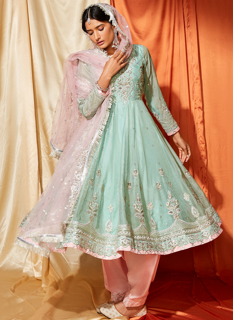 Mint and Pink Anarkali Style Punjabi Suit