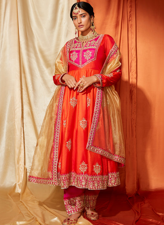 Orange and Hot Pink Anarkali Style Punjabi Suit