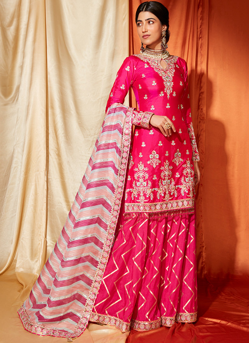 Hot Pink Multicolor Silk Sharara Suit