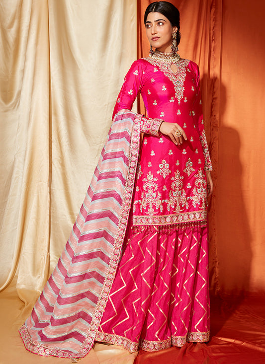 Hot Pink Multicolor Silk Sharara Suit
