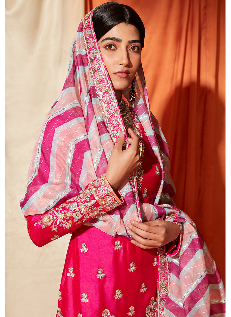 Hot Pink Multicolor Silk Sharara Suit