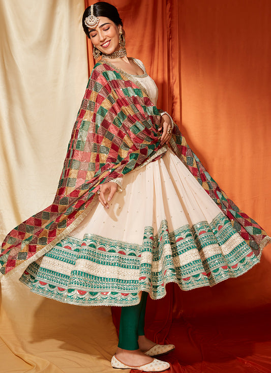 Cream Anarkali With Multicolor Phulkari Dupatt