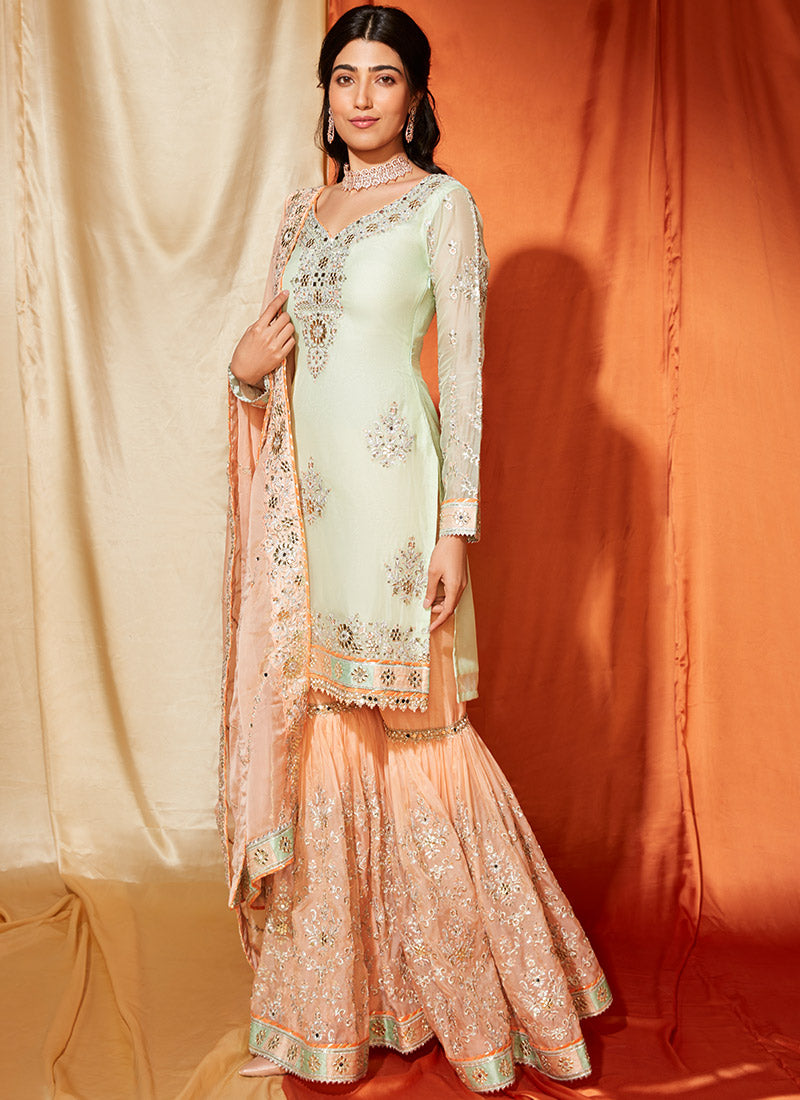 Mint Green and Peach Gharara Suit