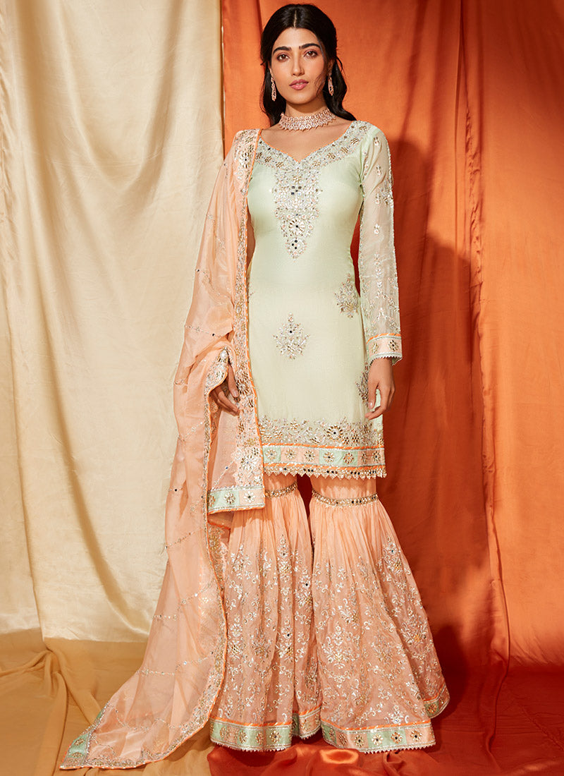 Mint Green and Peach Gharara Suit