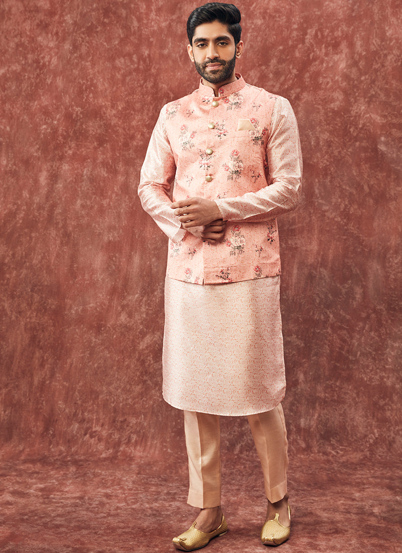 Peach Floral Nehru Jacket Set