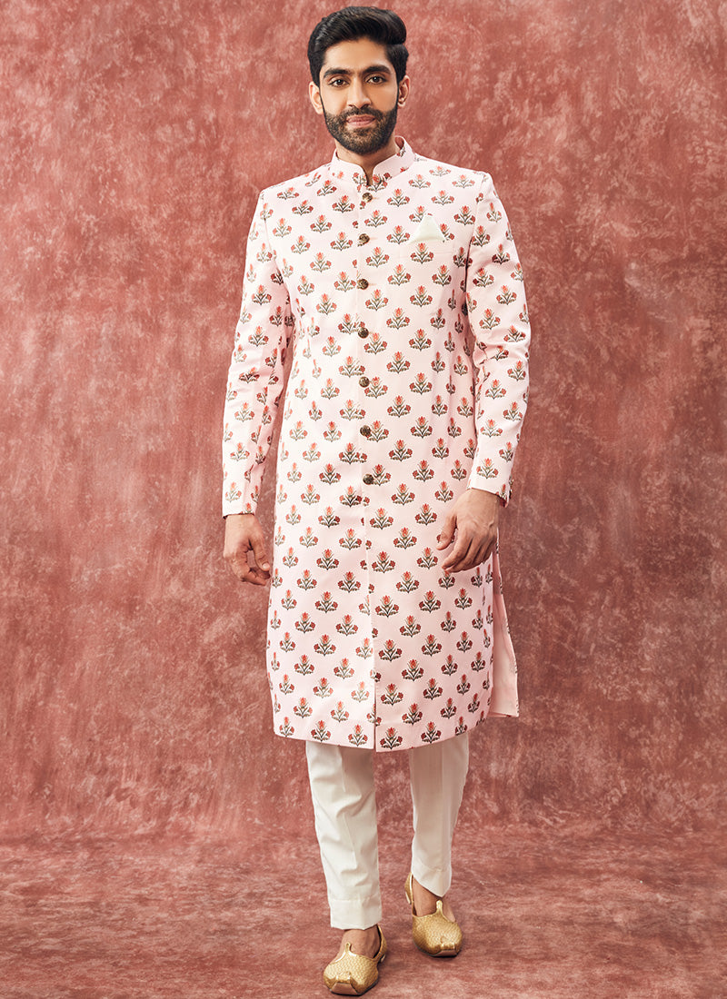 Pink Satin Printed Sherwani