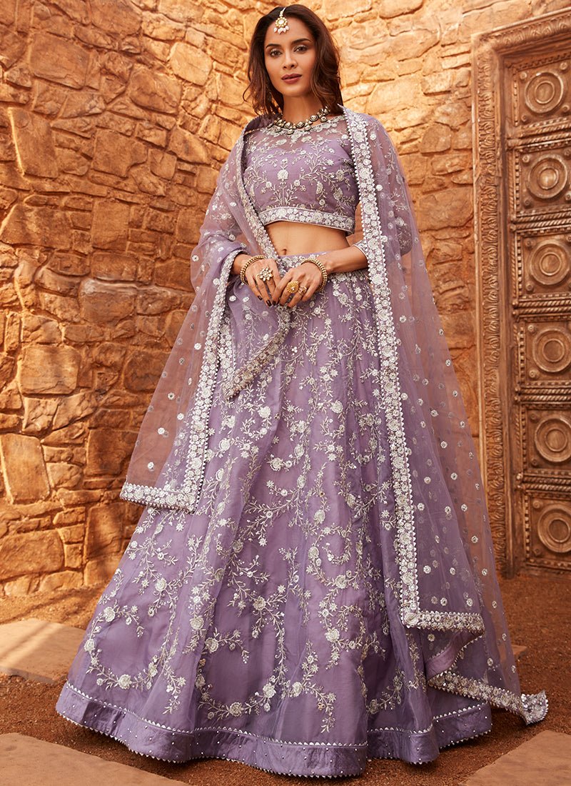 Lavender Embroidered Net Lehenga - Lashkaraa