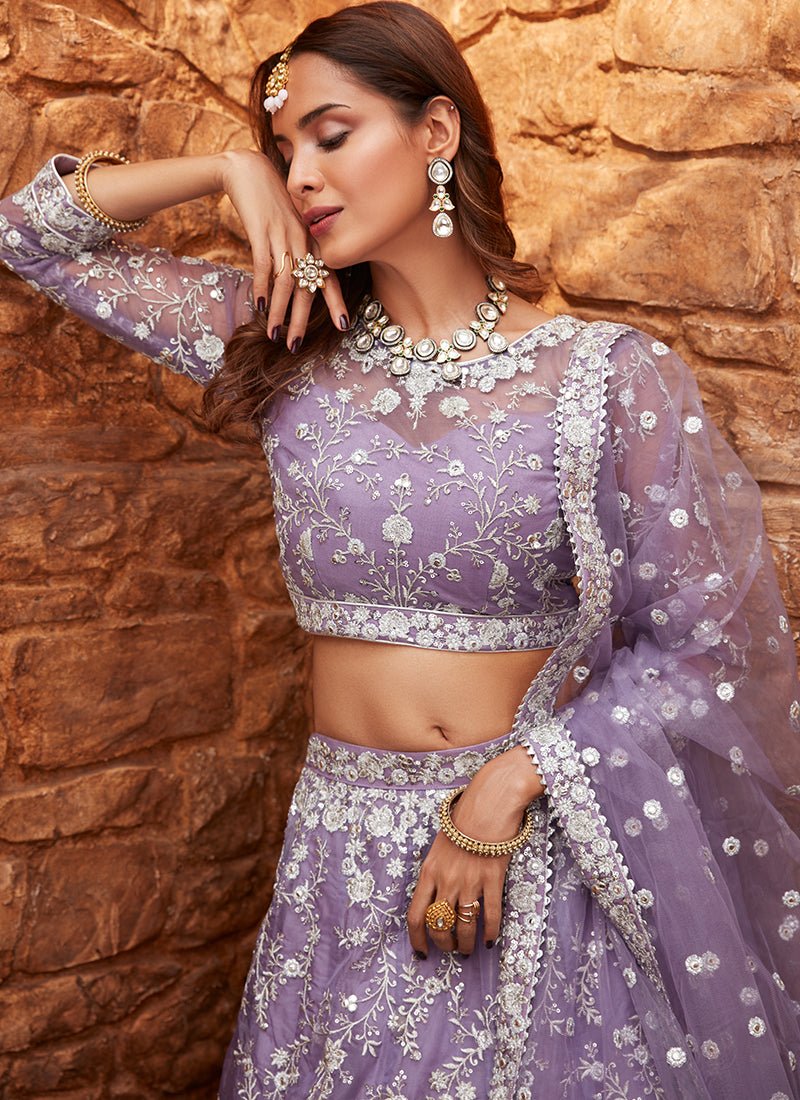 Lavender Embroidered Net Lehenga - Lashkaraa