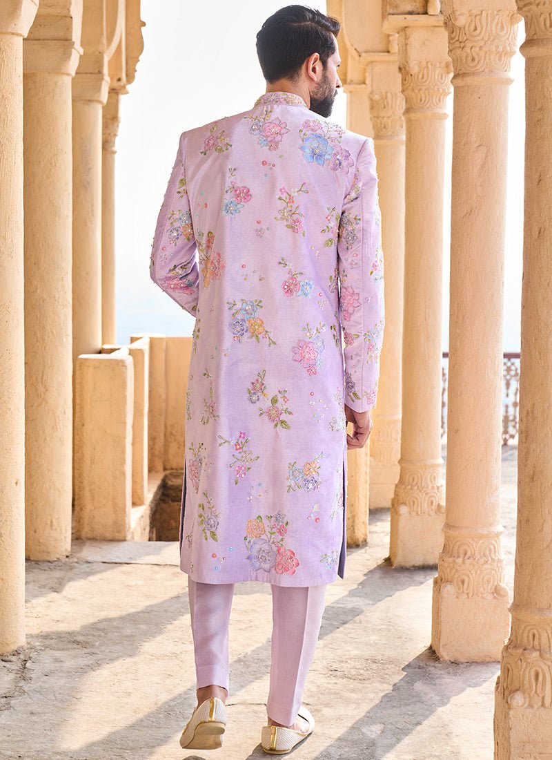 Lavender Hand Embroidered Velvet Sherwani - Lashkaraa