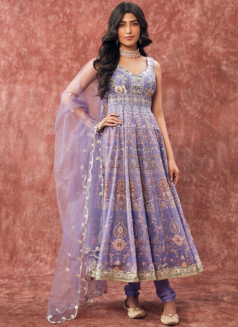 Lavender Printed Silk Anarkali - Lashkaraa