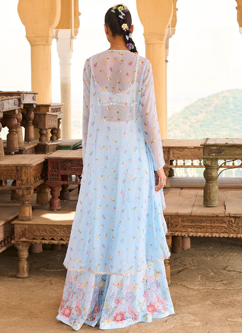 Light Blue Embellished Net Crop Jacket Set - Lashkaraa