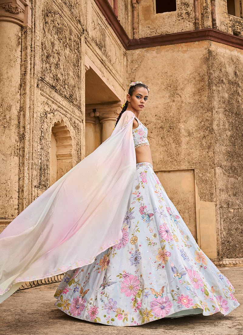 Light Blue Embellished Velvet Lehenga - Lashkaraa