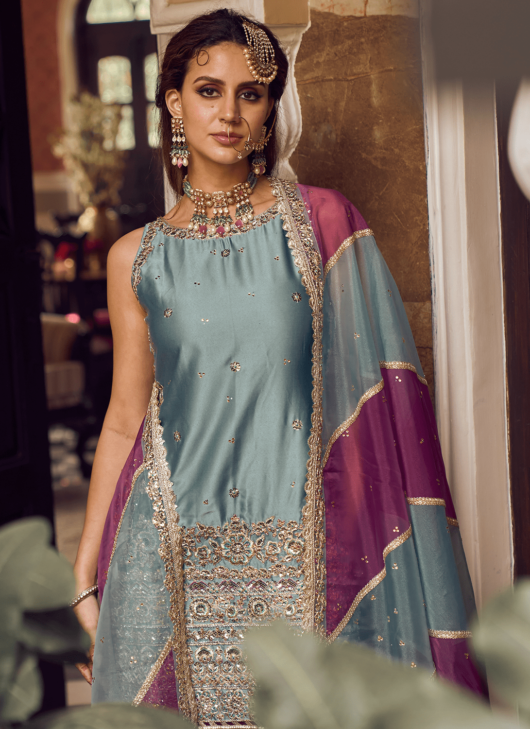 Light Blue Embroidered Gharara Suit - Lashkaraa