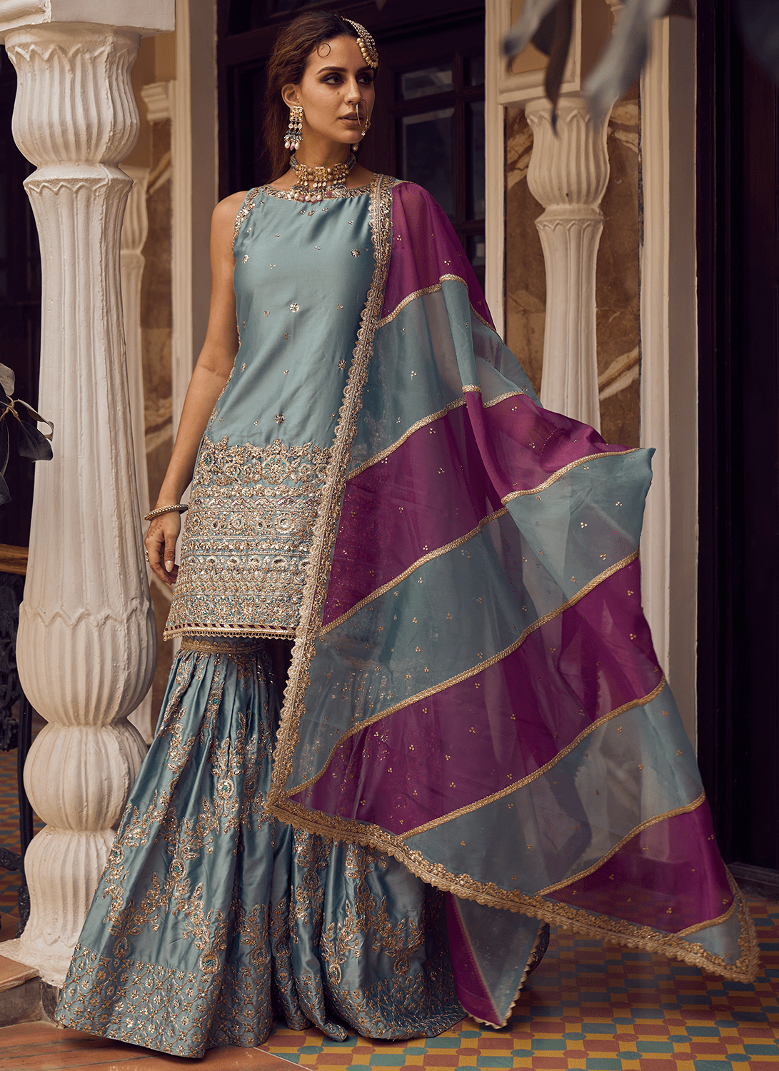Light Blue Embroidered Gharara Suit - Lashkaraa
