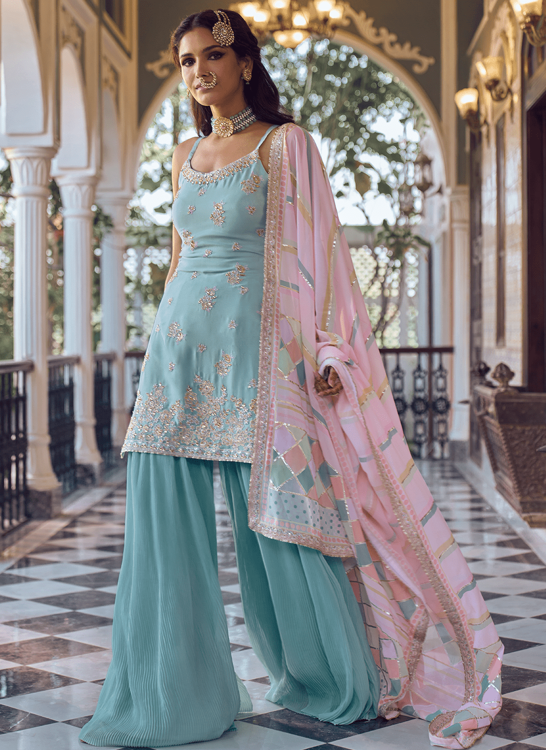 Light Blue Embroidered Sharara Suit - Lashkaraa