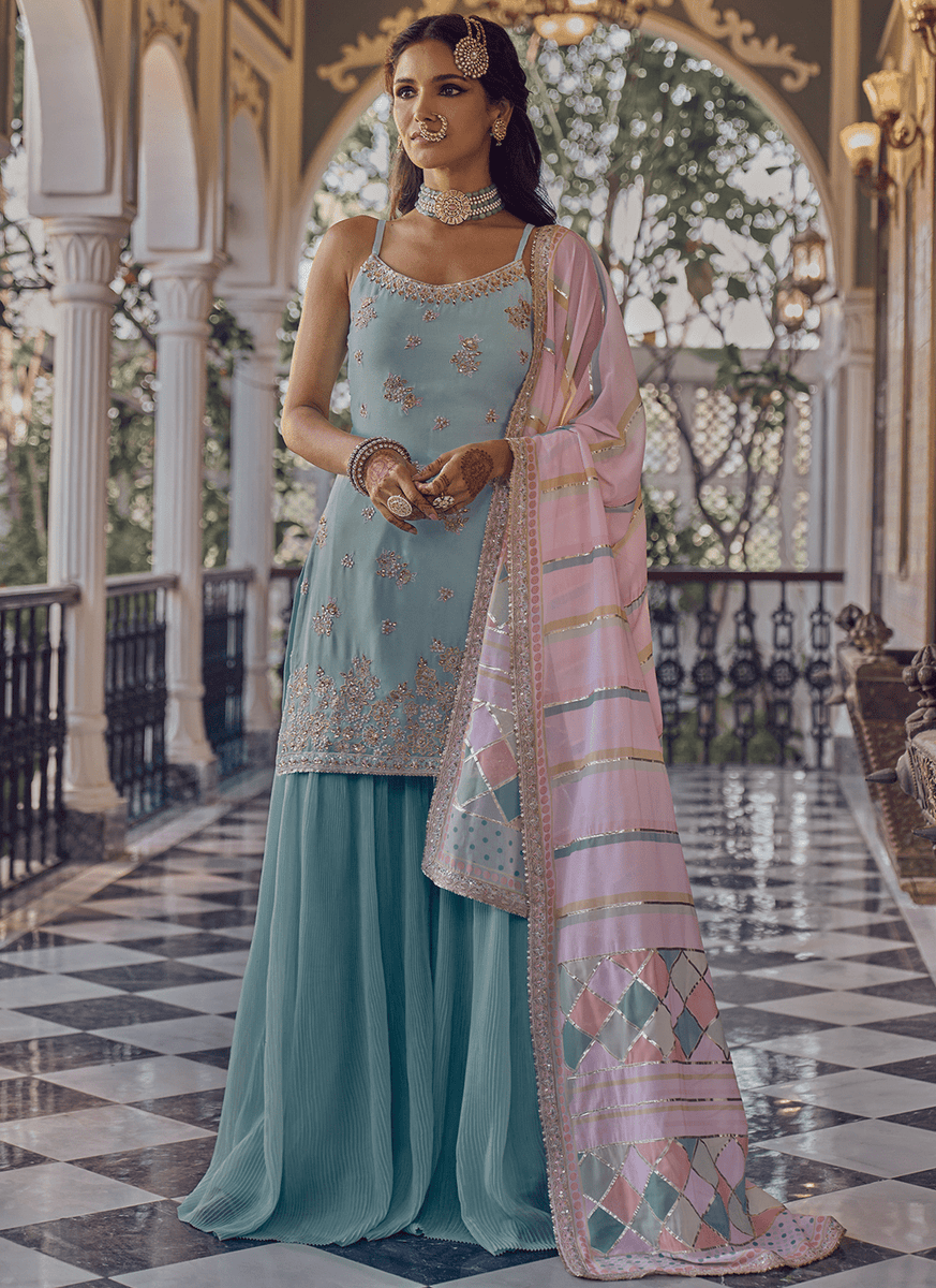 Light Blue Embroidered Sharara Suit