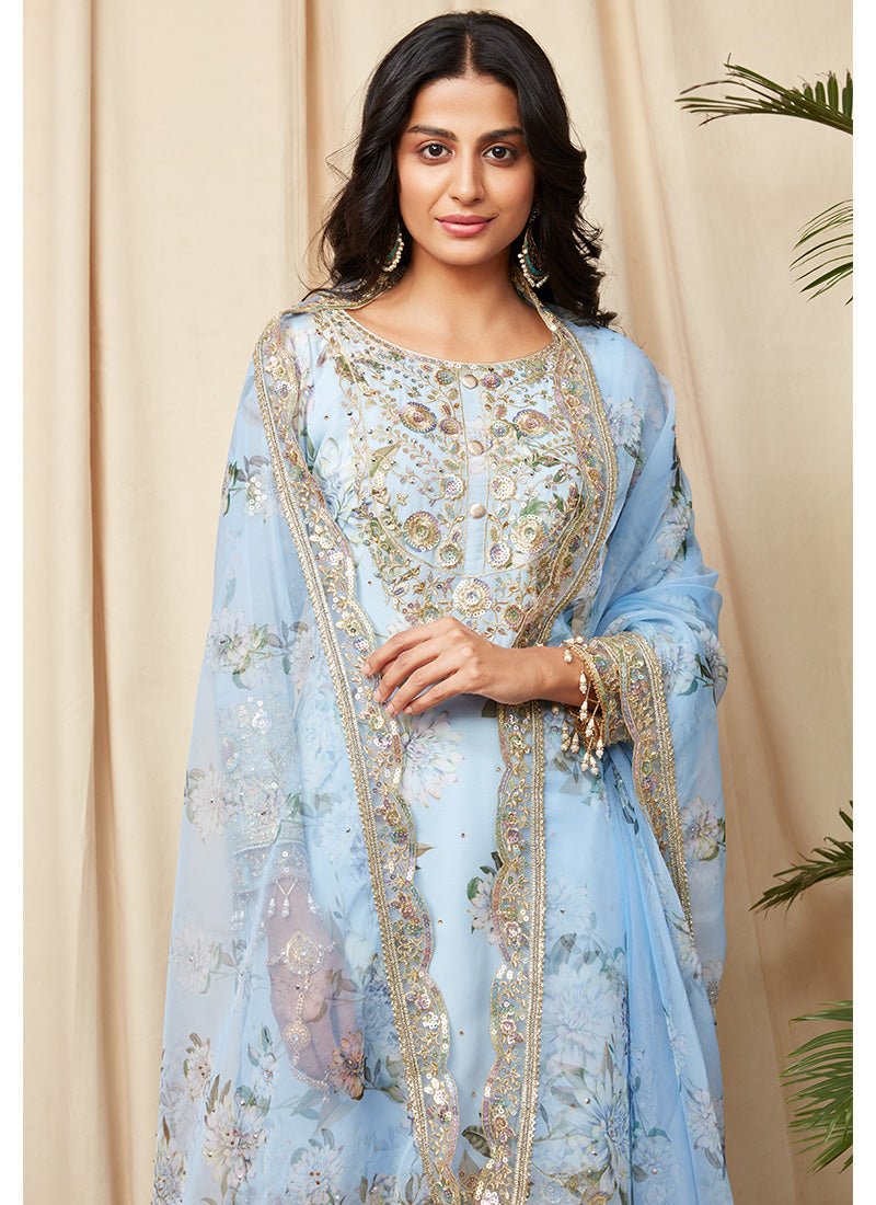 Light Blue Floral Georgette Suit - Lashkaraa