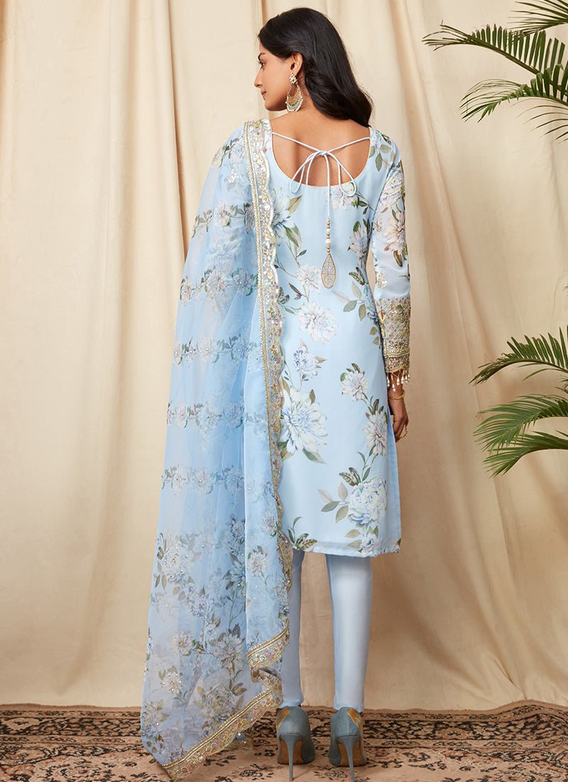Light Blue Floral Georgette Suit - Lashkaraa