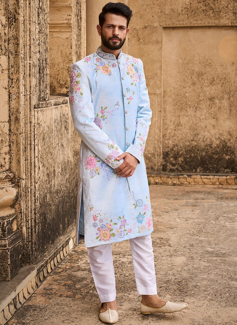 Light Blue Hand Embroidered Velvet Sherwani - Lashkaraa