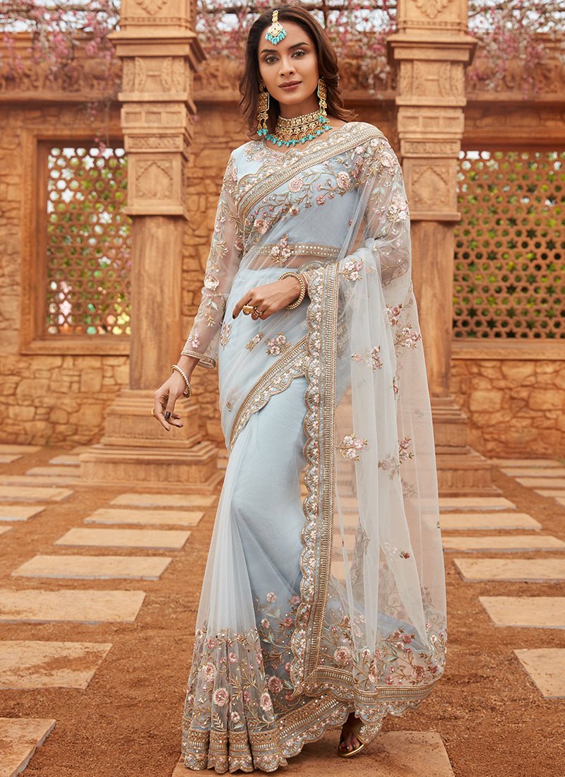 Light Dusty Blue Embroidered Net Saree - Lashkaraa