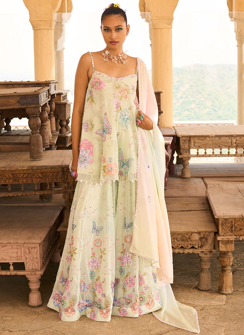 Light Green Embellished Chinon Sharara Suit - Lashkaraa