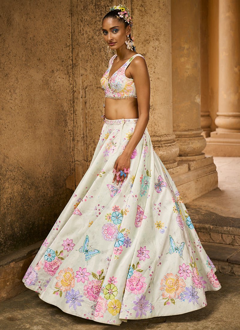 Light Green Embellished Velvet Lehenga - Lashkaraa