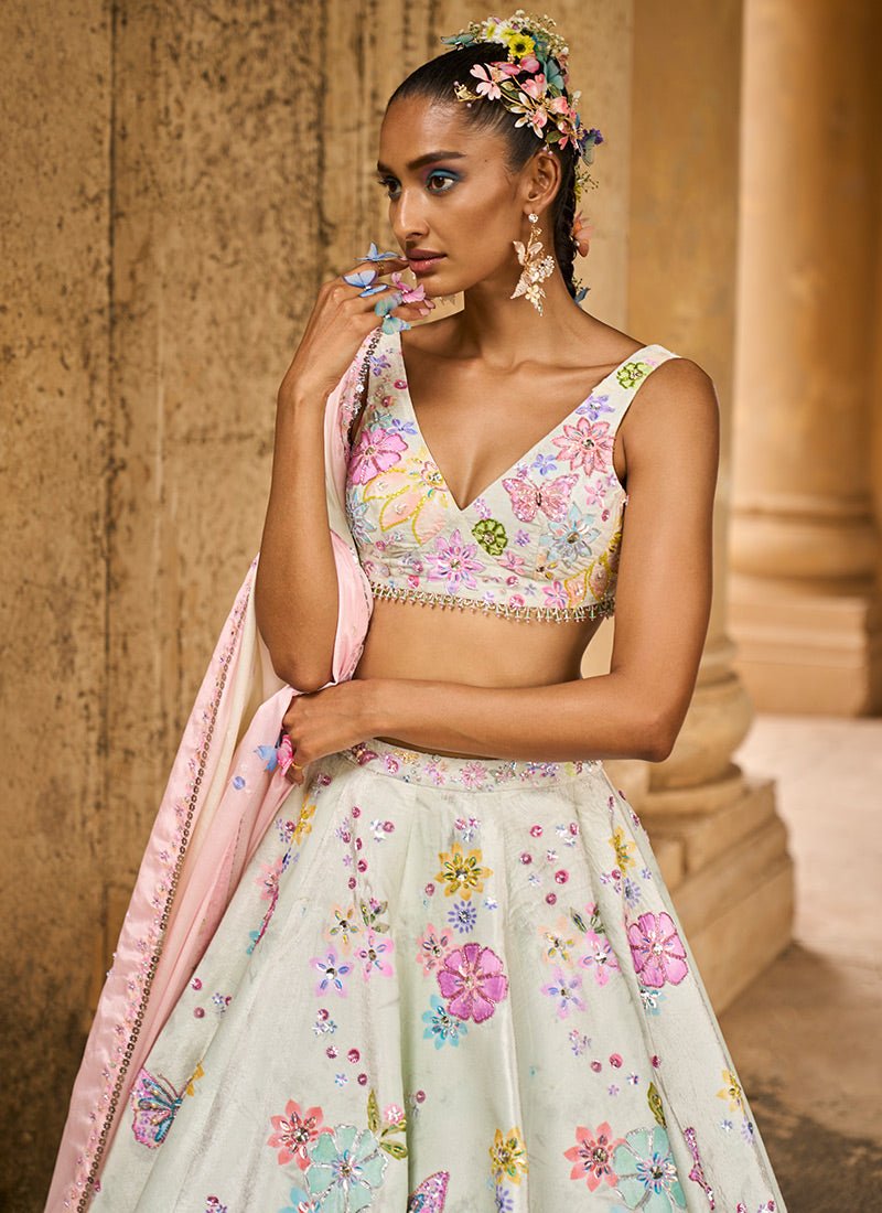 Light Green Embellished Velvet Lehenga - Lashkaraa