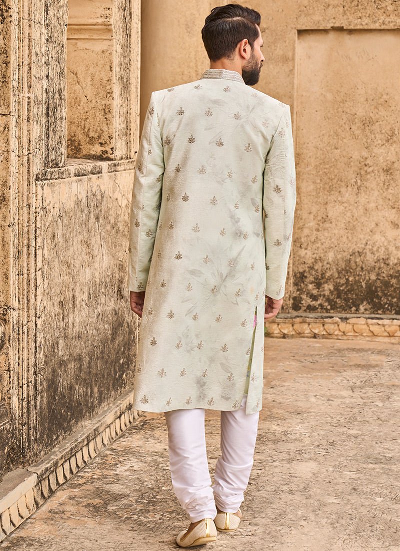 Light Green Hand Embroidered Velvet Jodhpuri Set - Lashkaraa