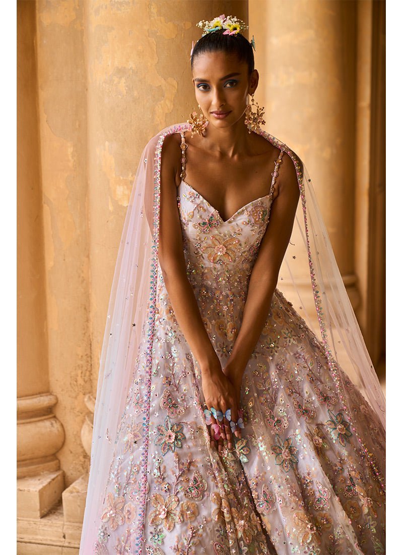 Light Grey and Pink Heavy Embellished Anarkali - Lashkaraa