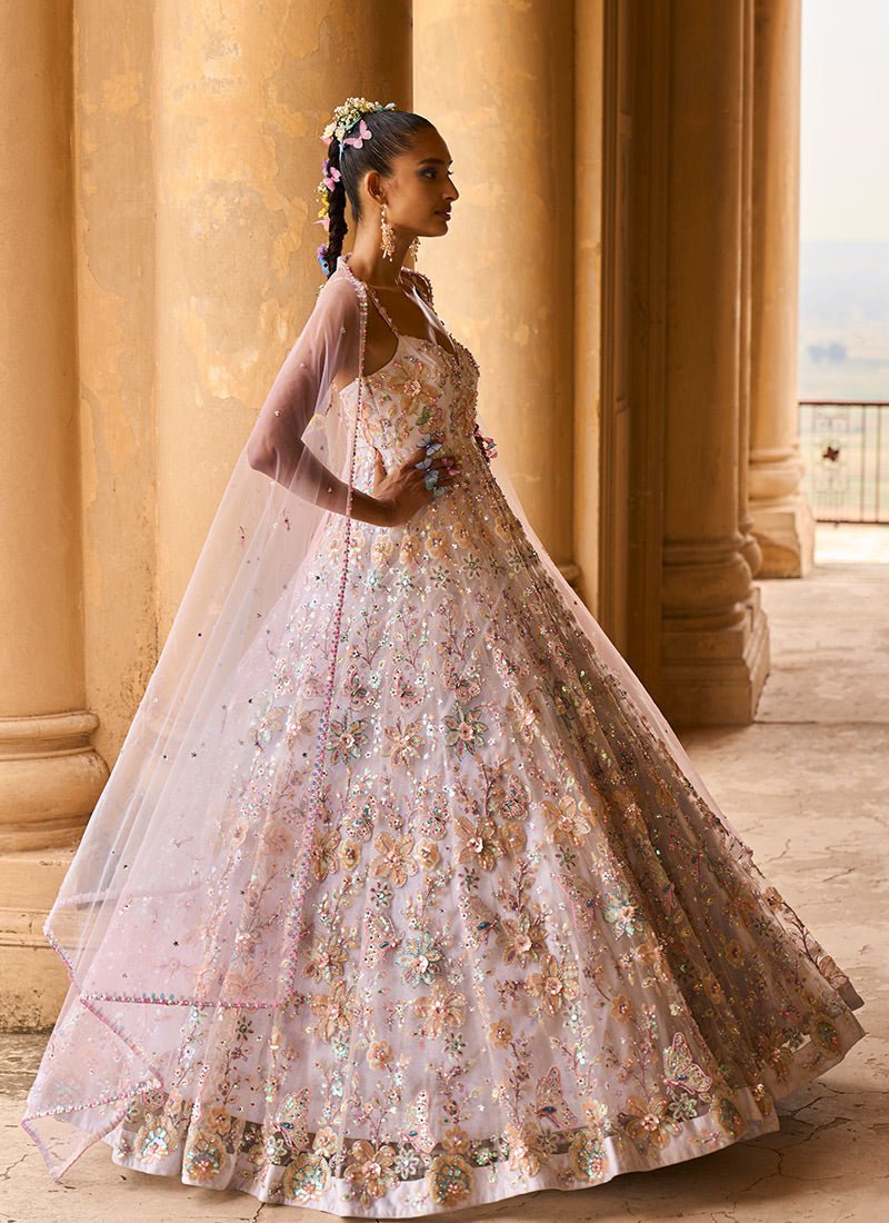 Light Grey and Pink Heavy Embellished Anarkali - Lashkaraa