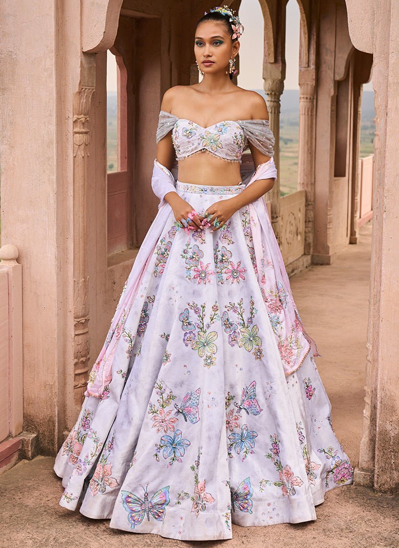 Light Grey Off Shoulder Embellished Velvet Lehenga - Lashkaraa