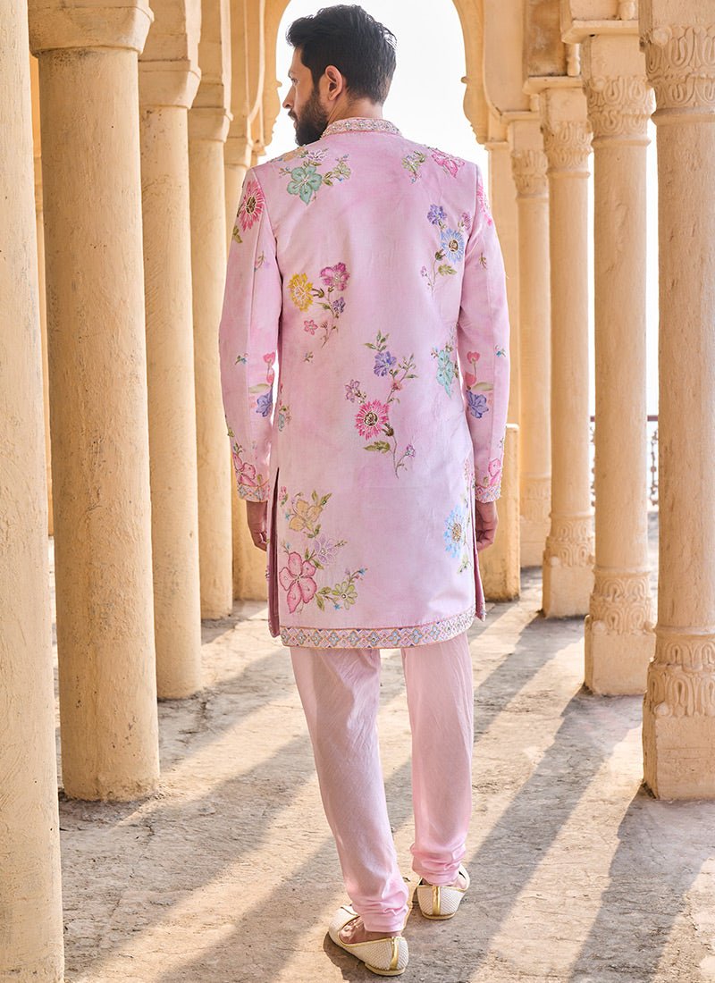 Light Pink Hand Embroidered Velvet Jodhpuri Set - Lashkaraa