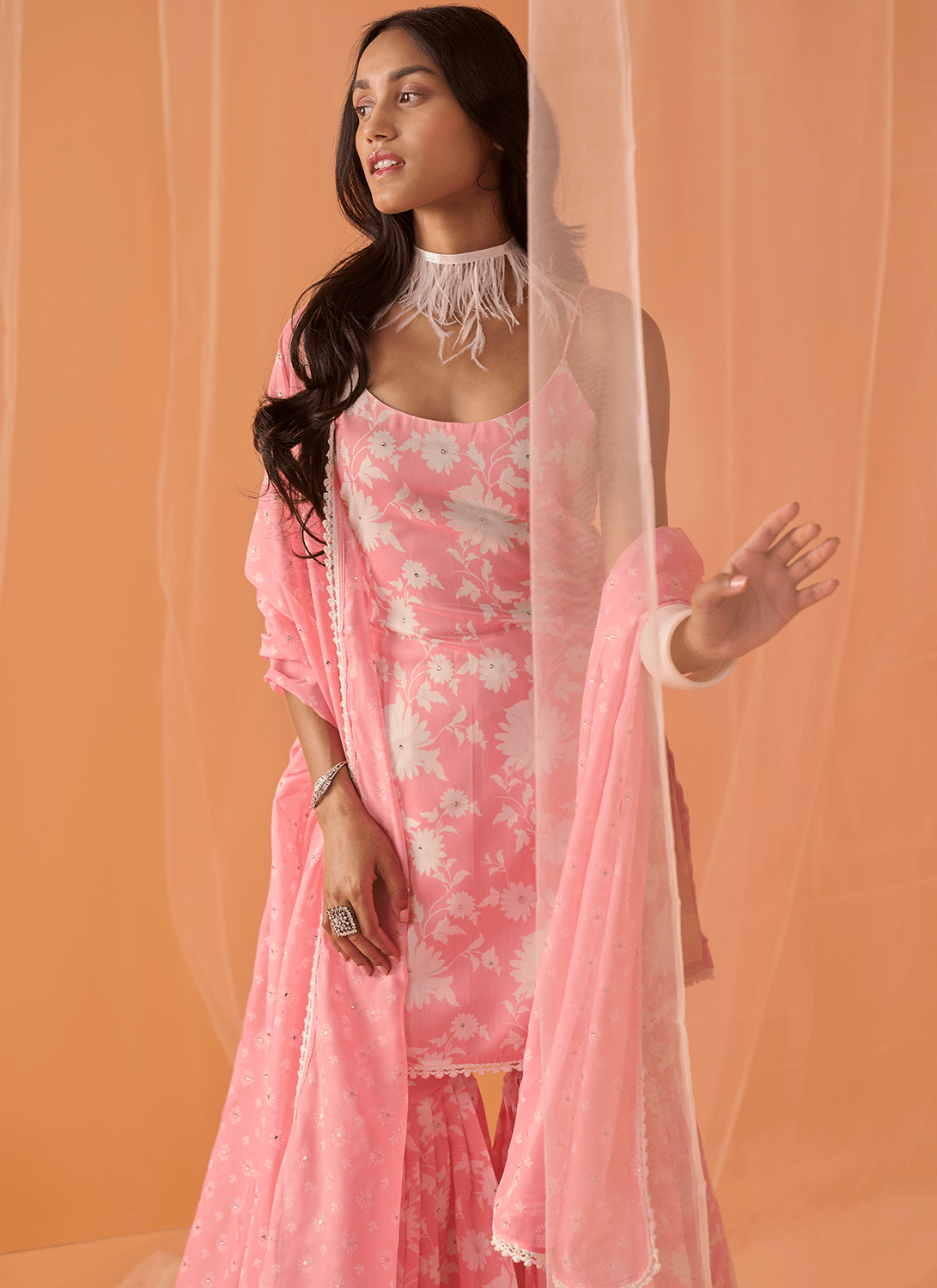 Light Pink White Floral Printed Gharara Suit - Lashkaraa