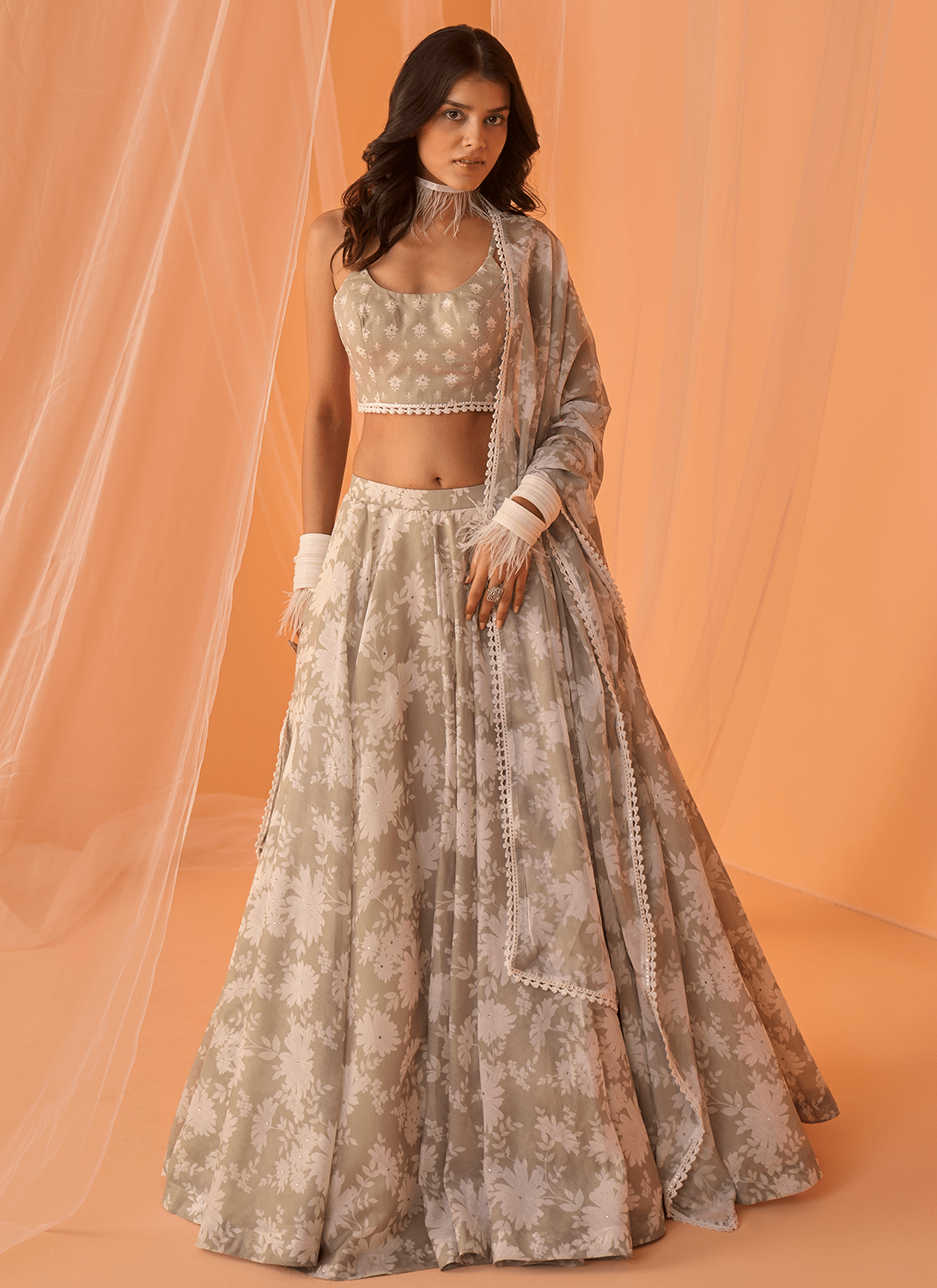 Light Sage White Floral Printed Lehenga - Lashkaraa