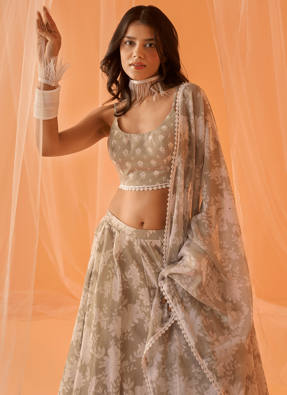 Light Sage White Floral Printed Lehenga - Lashkaraa