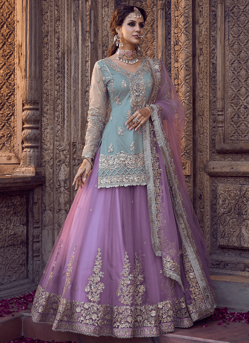 party wear lehenga with kurti Mint and Light Purple Kurti Style Lehenga